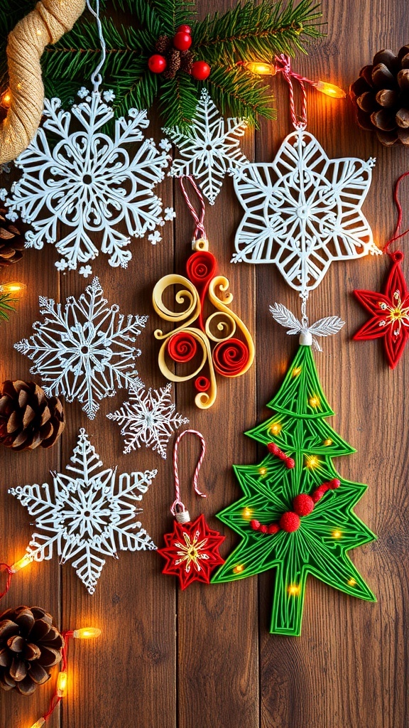 Christmas Quilling Crafts A display of quilled Christmas crafts including snowflakes and ornaments on a wooden table.